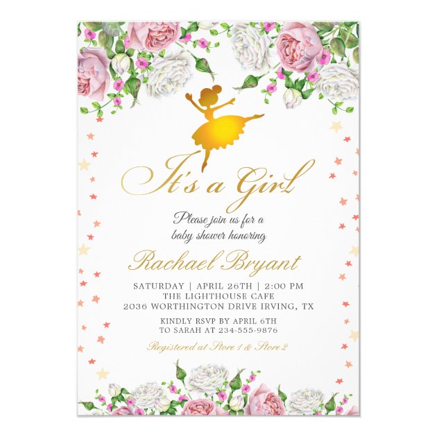 Gold Ballerina Its A Girl Floral Baby Shower Invitation