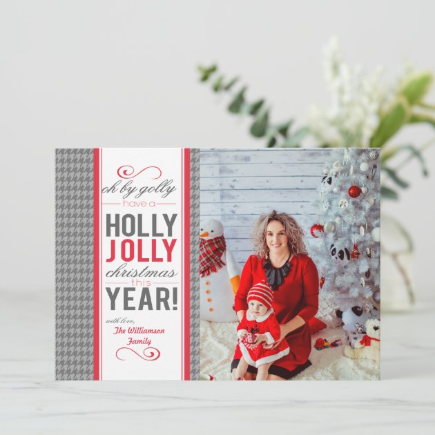 Herringbone Holly Jolly Christmas Photo Card