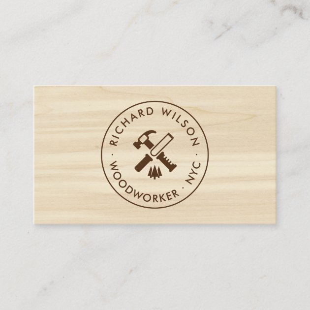 Modern wood grain look professional carpenter logo business card (front side)