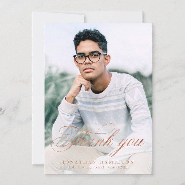 Thank You Rose Gold Foil Elegant Graduation Photo Announcement