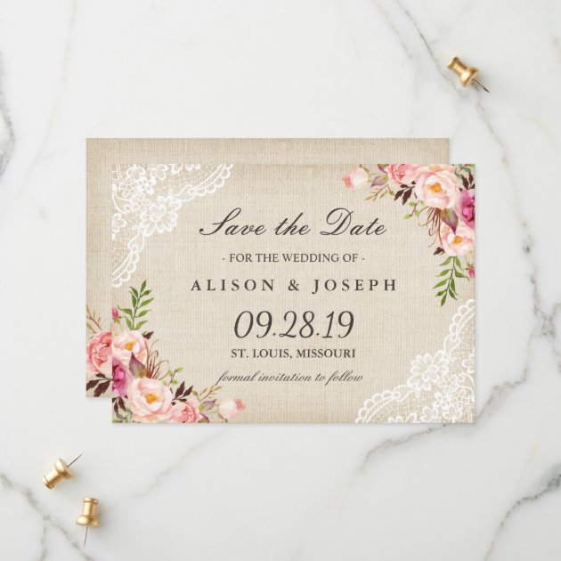 Rustic Floral Lace Ivory Burlap Save The Date