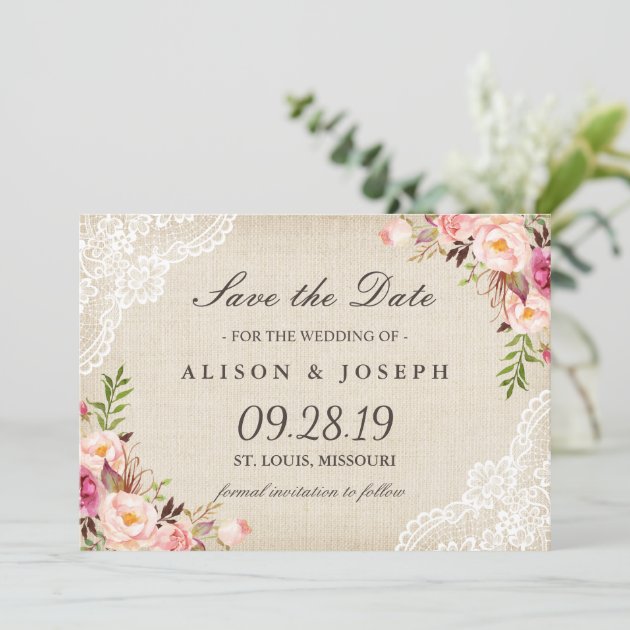 Rustic Floral Lace Ivory Burlap Save The Date