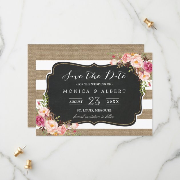 Rustic Country Burlap Stripes Floral Save The Date