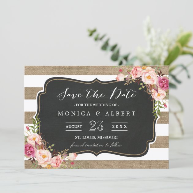 Rustic Country Burlap Stripes Floral Save The Date