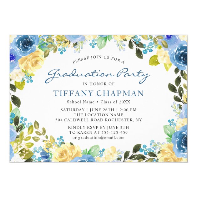 Beautiful Blue Yellow Floral Graduation Party Invitation