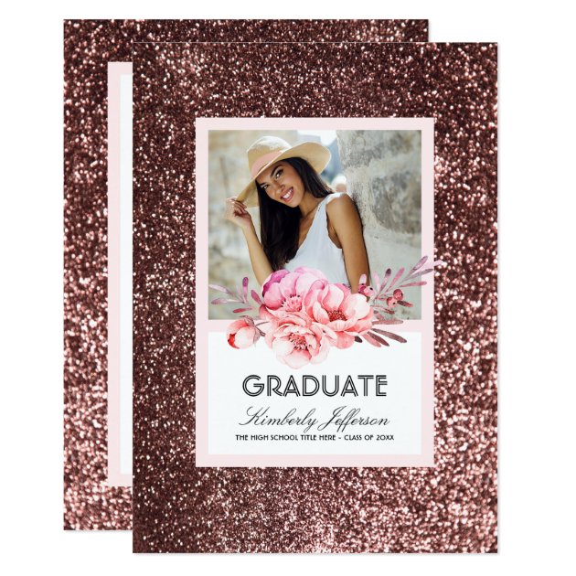 Flowers And Rose Gold Glitter Photo Graduation Card