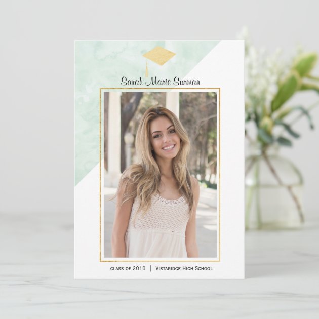 Mint Gold Watercolor Graduation Announcement