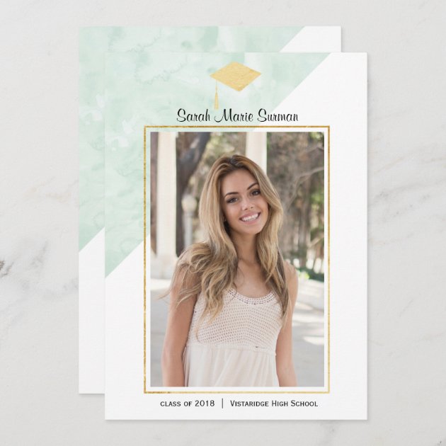 Mint Gold Watercolor Graduation Announcement