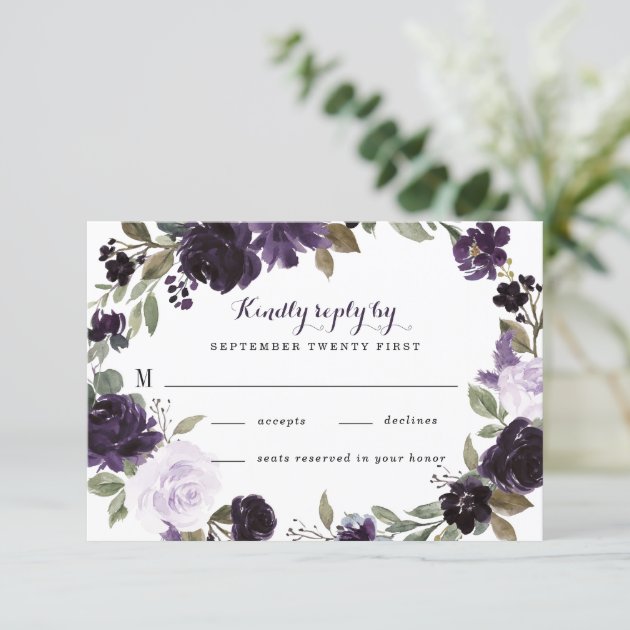 Elegant Purple and Gold Green Leaf Floral Wedding RSVP Card