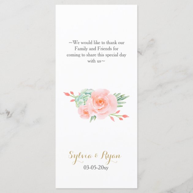 Watercolor Succulent Peach Roses Wedding Menu