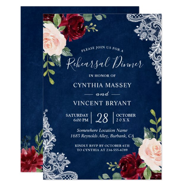Red Blush Floral Lace Navy Blue Rehearsal Dinner Invitation
