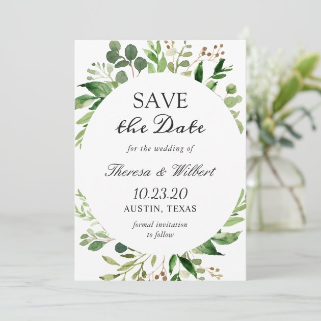 Modern Green Leaves Wreath Elegant Simple Wedding Save The Date