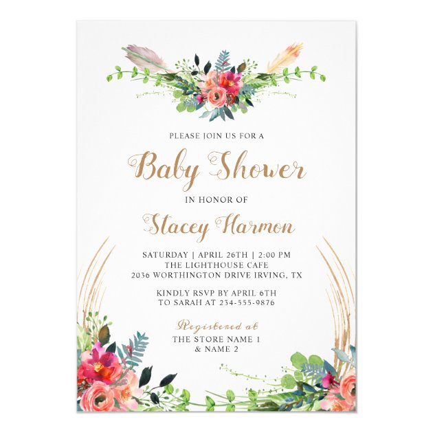 Rustic Bohemian Floral Watercolor Baby Shower Invitation