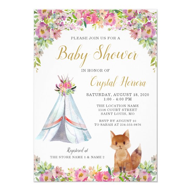 Boho Chic Floral Fox Teepee Tribal Baby Shower Invitation