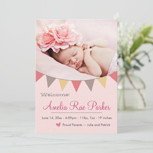 Pink Heart & Banner - New Baby Birth Announcement