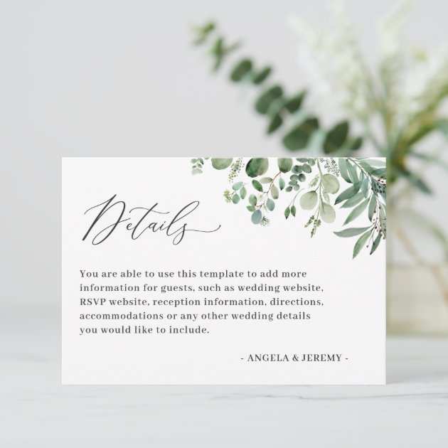 Simple Classy Eucalyptus Leaves Wedding Details Enclosure Card