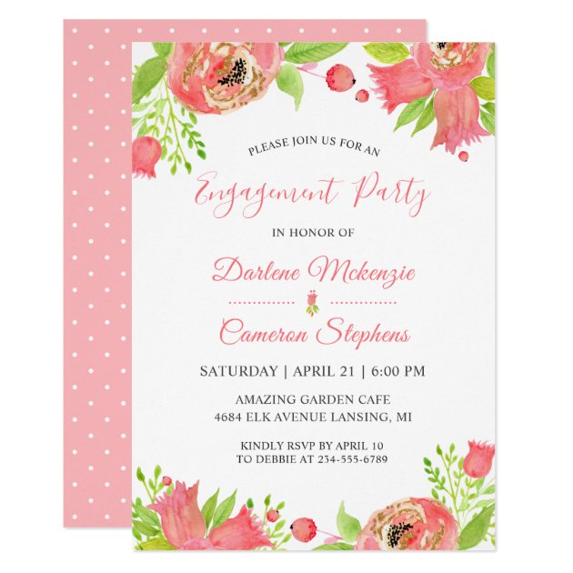 Coral Pink Flowers Spring Garden Engagement Party Card
