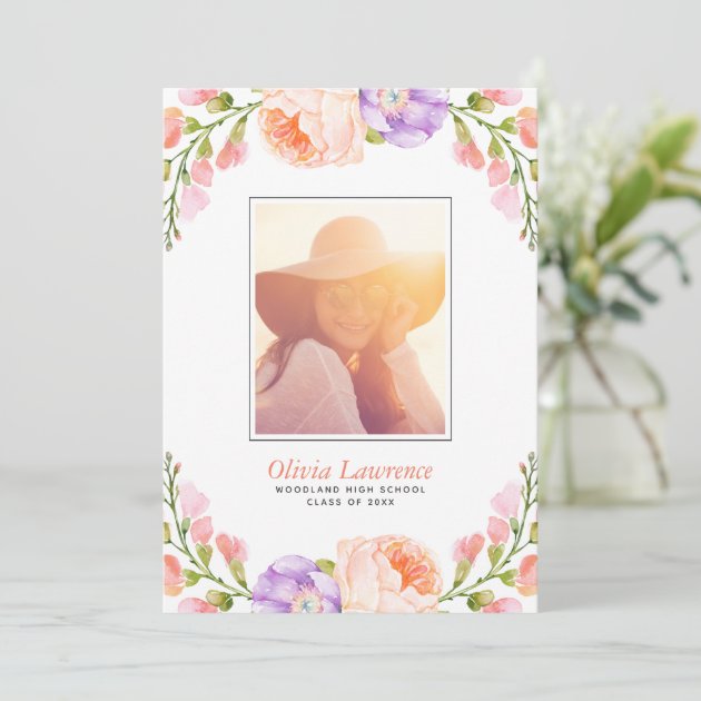 Watercolor Floral Photo Graduation Thank You Card