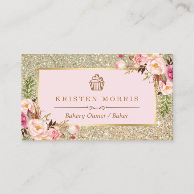 Bakery Cupcake Logo | Floral Pink Gold Glitter Business Card (front side)