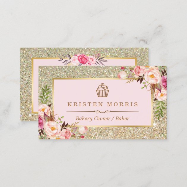 Bakery Cupcake Logo | Floral Pink Gold Glitter Business Card (back side)