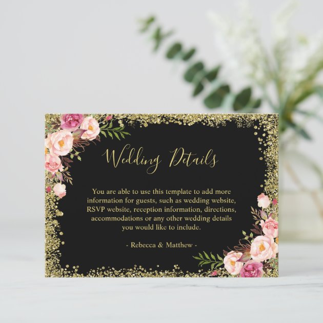 Wedding Details - Black Gold Glitters Pink Floral Enclosure Card