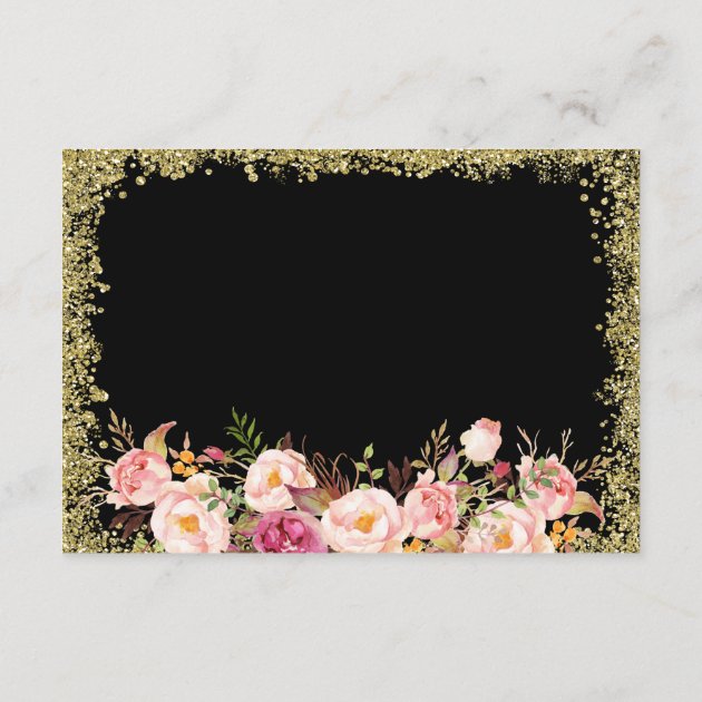 Wedding Details - Black Gold Glitters Pink Floral Enclosure Card