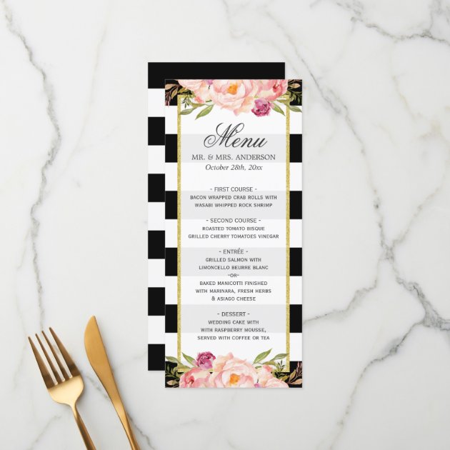 Modern Floral Black White Striped | Wedding Menu