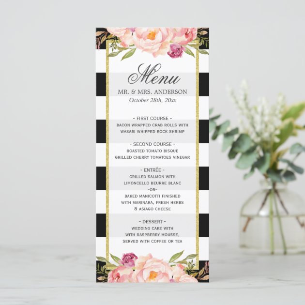 Modern Floral Black White Striped | Wedding Menu
