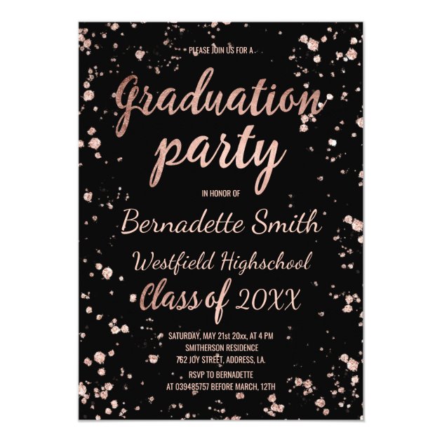 Faux Rose Gold Confetti Splatters Graduation Party Invitation