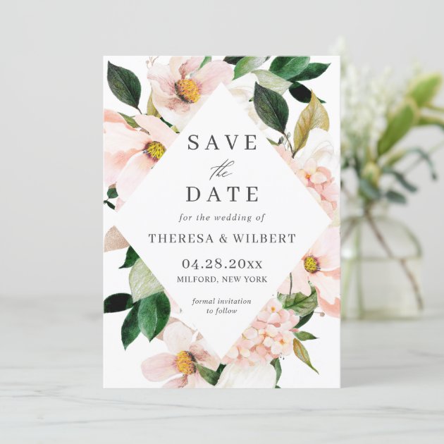 Hydrangea Blossom Blush Pink Floral Wedding Save The Date
