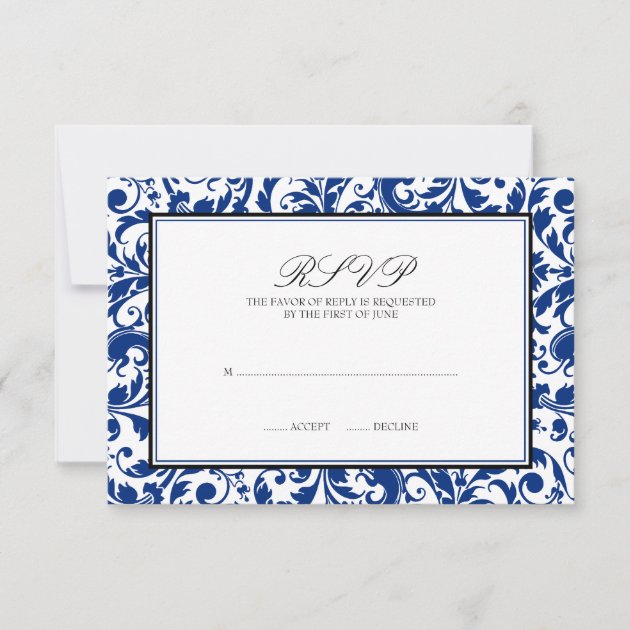 Blue and Black Swirl Damask Wedding Response Card