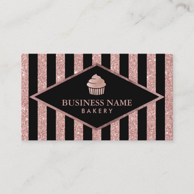 Cupcake Bakery Rose Gold Glitter Black Stripes Business Card (front side)