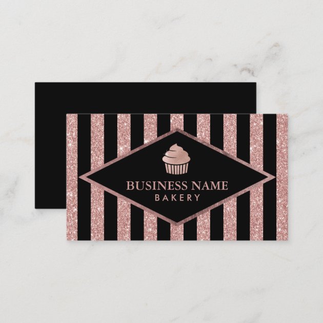 Cupcake Bakery Rose Gold Glitter Black Stripes Business Card (back side)