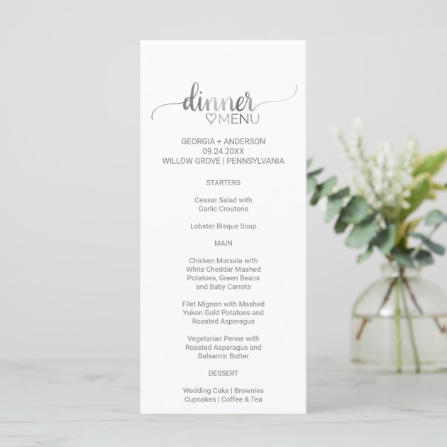Simple Silver Calligraphy Wedding Dinner Menu Card