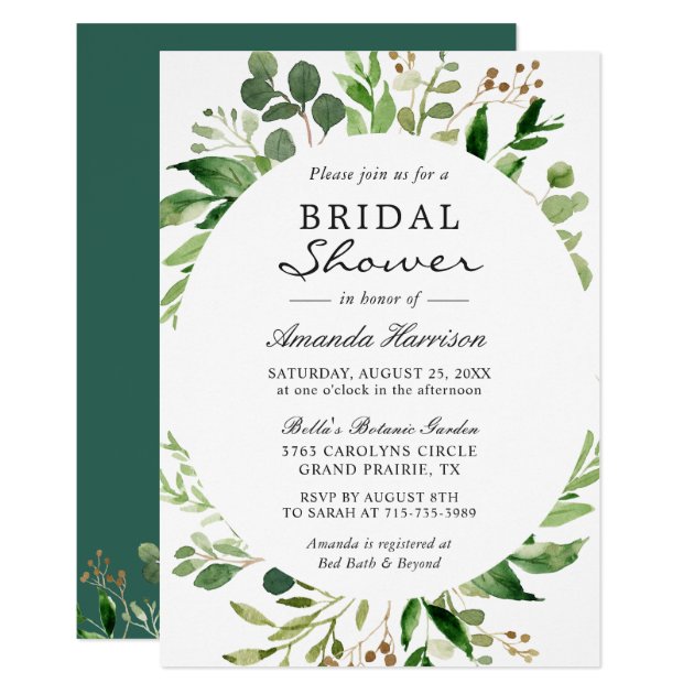 Modern Green Leaves Foliage Frame Bridal Shower Invitation