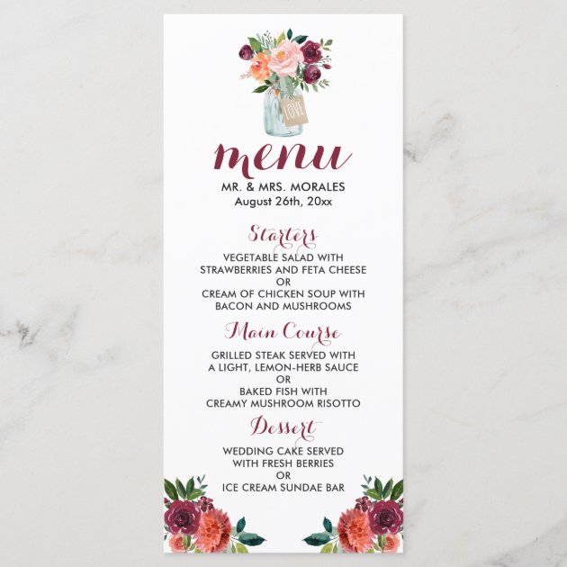 Marsala Burgundy Watercolor Mason Jar Wedding Menu