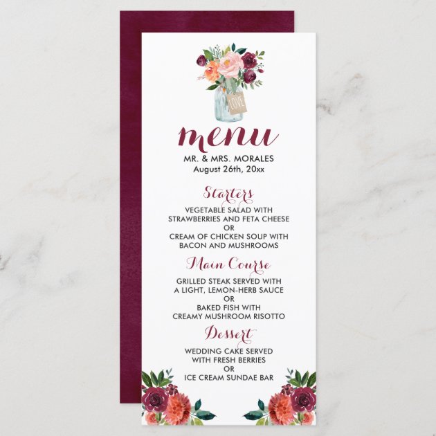 Marsala Burgundy Watercolor Mason Jar Wedding Menu