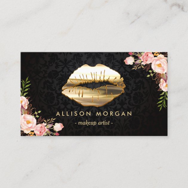 Stunning Gold Lips Makeup Artist Floral Business Card (front side)