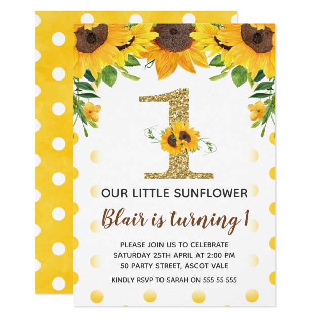 Yellow Sunflower First Birthday Invitation Girl