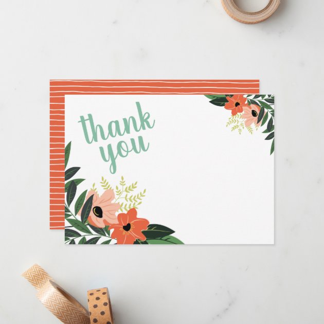 Coral Modern Floral Thank You Note Cards