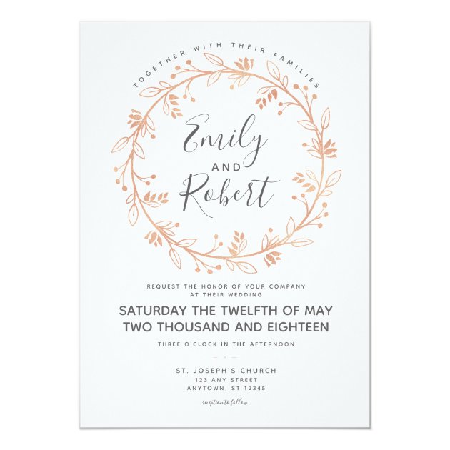Rose Gold Floral Wreath Modern Wedding Invitation
