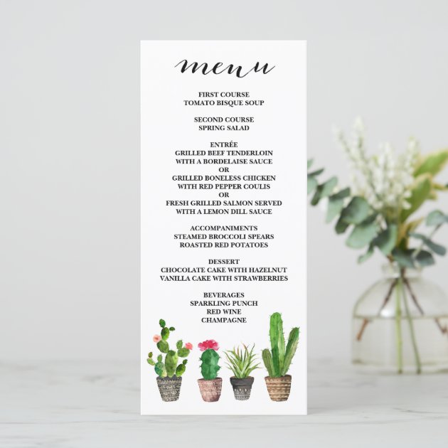 Boho Watercolor Succulents Wedding Menu Card