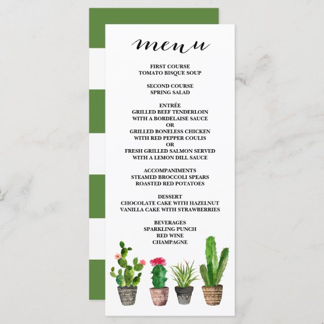 Boho Watercolor Succulents Wedding Menu Card