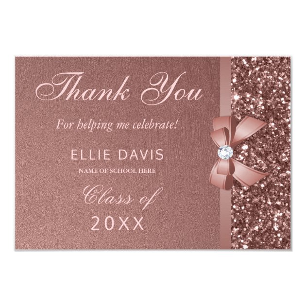 Bow Glitter Rose Gold Graduation Thank You Card
