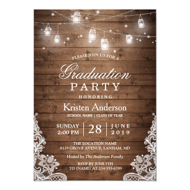Rustic Wood Lace String Lights Graduation Party Invitation