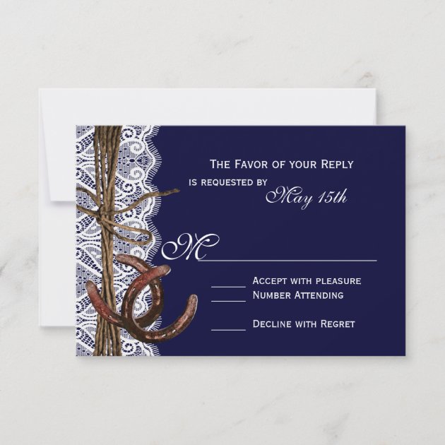 Rustic Country Horseshoe Navy Wedding RSVP Cards