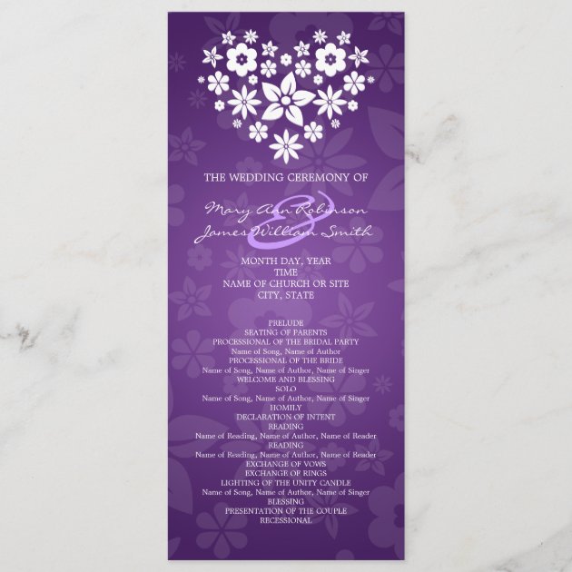 Elegant Wedding Program Flowery Heart Purple
