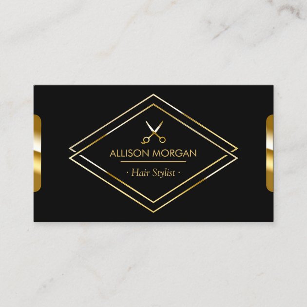Hair Stylist Scissors Luxury Black Gold Look Business Card (front side)