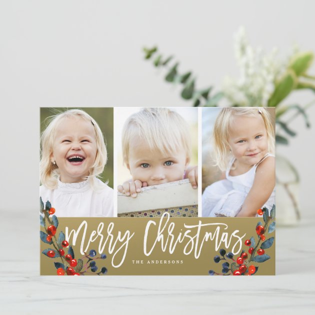 Merry Christmas Berries 3 Photo Holiday Card