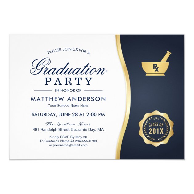 Modern Gold Blue Pharmacy School Graduation Party Invitation